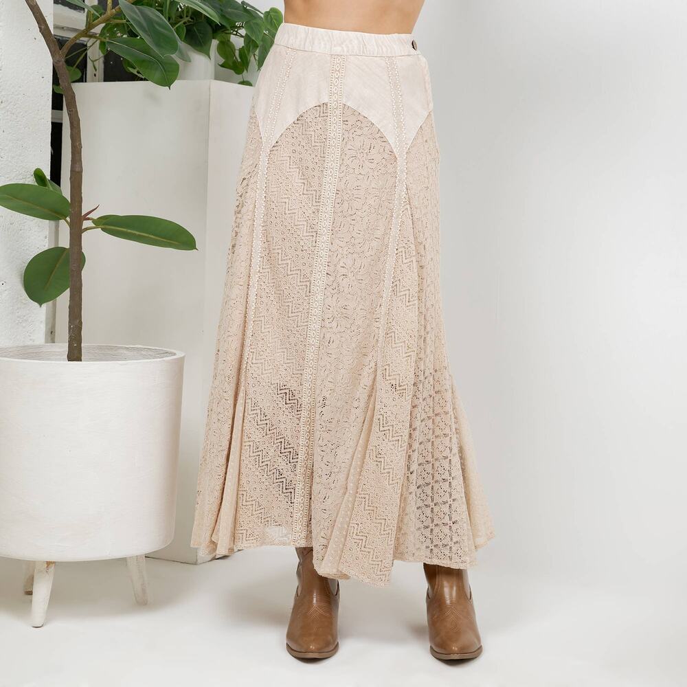"Sarah" Prairie Maxi Skirt Denim & Lace in Latte YOUNG THREADS